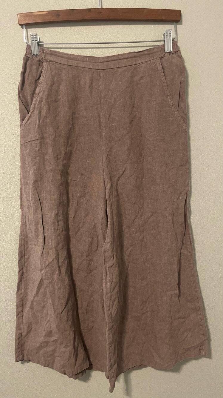 Vintage Match Point Pants Womens Small Brown Linen Crop Wide Leg Pull On Boho